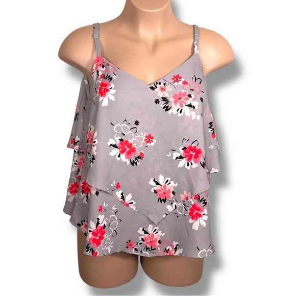 Size 12 Torrid 0 Grey Pink Floral Flowy Blouse Layered Vneck Tank - Picture 1 of 11